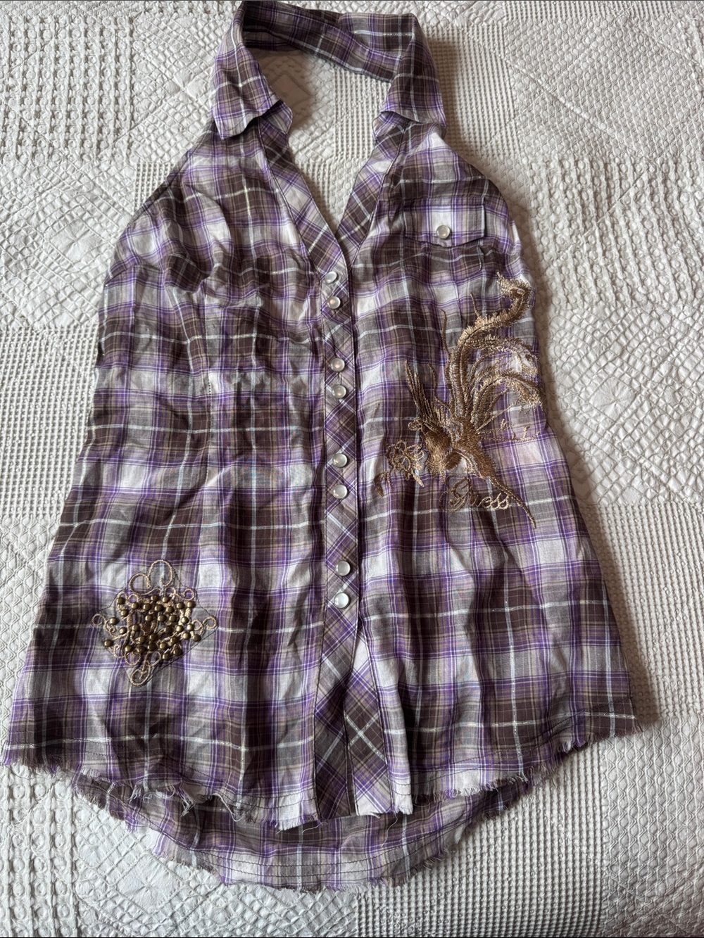 Guess Purple Plaid Embroidered Halter Button-Front Top